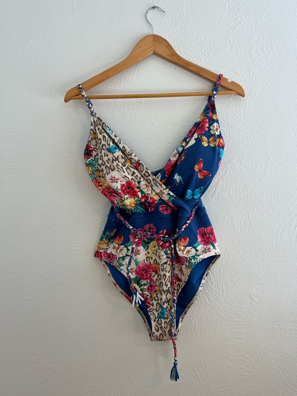 Johnny Was Blue Fleur Braid Wrap One-Piece Swimsuit Butterfly Floral Print